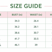 Size guide chart with bust, waist, and hip measurements by clothing size