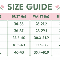 Bikini set size guide chart with bust, waist, and hip measurement table