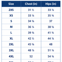 Printed bikini size guide chart with chest and hip measurements in inches