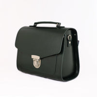 Dark green leather satchel with top handle, front flap and metal clasp