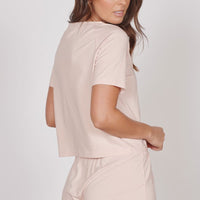 Light pink short pyjama set, relaxed shorts with elastic waist and drawstring tie