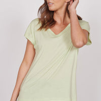 Women’s sleeveless V-neck top, light green cotton-modal blend, short-sleeve style