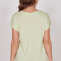 Back view of light green sleeveless V-neck cotton-modal blend top, short sleeves