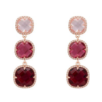 Rose gold drop earrings with three pink and burgundy faceted gemstone tiers