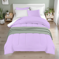 Lavender queen comforter set with white and lavender pillows, channel-stitched duvet