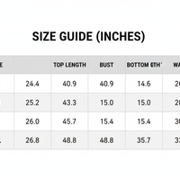 Size guide chart in inches with top length, bust, bottom gh, and waist measurements