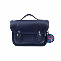 Floral Lined Leather Midi Satchel - Navy-0