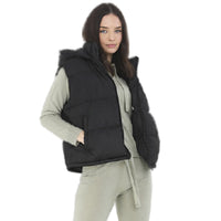 Ladies padded hooded gilet in dark color, zip-front sleeveless fit