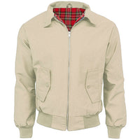 Beige Harrington jacket with red tartan lining, zip front, and buttoned flap pockets