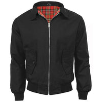 Black Harrington jacket with red tartan lining, zip front, and buttoned flap pockets