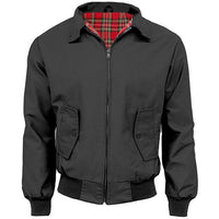 Black Harrington jacket with red tartan lining, zip front, and flap pockets