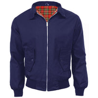 Navy Harrington jacket with red tartan lining, zip front, and flap pockets
