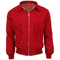 Red Harrington jacket with tartan lining, zip front, and flap pockets