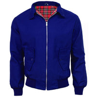 Royal blue Harrington jacket with red tartan lining, zip front, and buttoned flap pockets