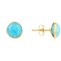 Gold stud earrings with round turquoise gemstone, side view