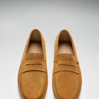 Pair of tan suede loafers viewed from above, showing penny straps and rounded toes.