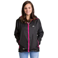 Woman wearing a black waterproof jacket with pink trim and an adjustable hood