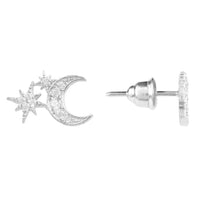 Silver mini moon and starburst stud earrings, with visible post back