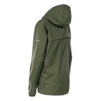 Moss women's waterproof jacket shown from the back, with an adjustable hood