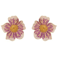 Beaded flower stud earrings with pink and purple petals and gold-tone posts.