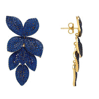 Blue cascading flower earrings with gold-tone post and visible butterfly back