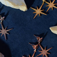 Gold starburst drop earrings with dangling star charms on dark fabric