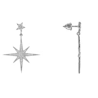Silver starburst drop earrings shown from the side with stud and dangling drop