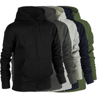 Black zip-up hoodie with hood, drawstring, and front pockets