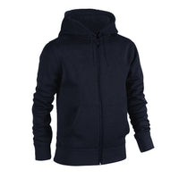 Navy zip-up hoodie with hood, drawstring, and front pockets