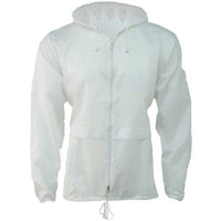 White packaway cagoule with hood, front zip, two pockets and drawcord hem