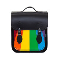 Black leather city backpack with rainbow Pride front panel, top handle, flap and buckles