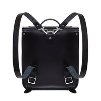 Black leather city backpack with rainbow Pride pocket, back view with adjustable shoulder straps