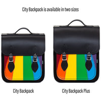 Black leather city backpack set in two sizes, rainbow Pride front panels on flaps