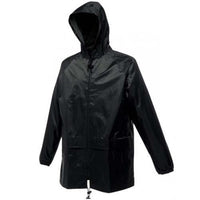 Black waterproof jacket with attached hood, full-length front zipper, pockets and adjustable hem