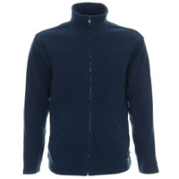 Navy men's microfleece jacket shown flat with a high collar, full zip, and angled pockets