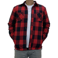 Front view of red and navy plaid work shirt with two flap chest pockets.