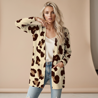 Beige Leopard Print Open-Front Cardigan with Pockets