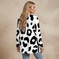 White Leopard Print Open-Front Cardigan with Pockets