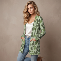 Green Leopard Print Open-Front Cardigan with Pockets