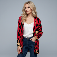Red Leopard Print Open-Front Cardigan with Pockets