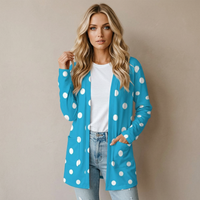 Women's Blue and White Polka Dot Cardigan Long-Sleeved Top with Pockets