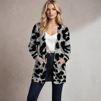 Grey Leopard Print Open-Front Cardigan with Pockets