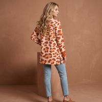 Orange Leopard Print Open-Front Cardigan with Pockets