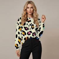 Animal Print Tops Women's Ruffled Shoulder Sweatshirt