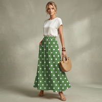 Green and White Polka Dot Skirt Midi High Waisted with Pockets