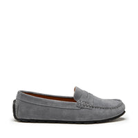 Slate grey suede penny loafer with stitched apron toe and black sole
