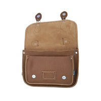 Tan leather satchel back panel with top loops and front pocket