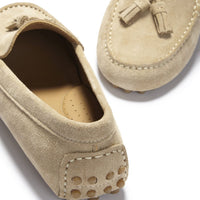 Suede loafer with perforated insole and rubber heel grips