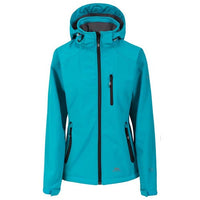 Teal women's softshell jacket with hood, front zip, and three zip pockets