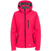 Bright pink women's softshell jacket with hood, front zip, and three zip pockets